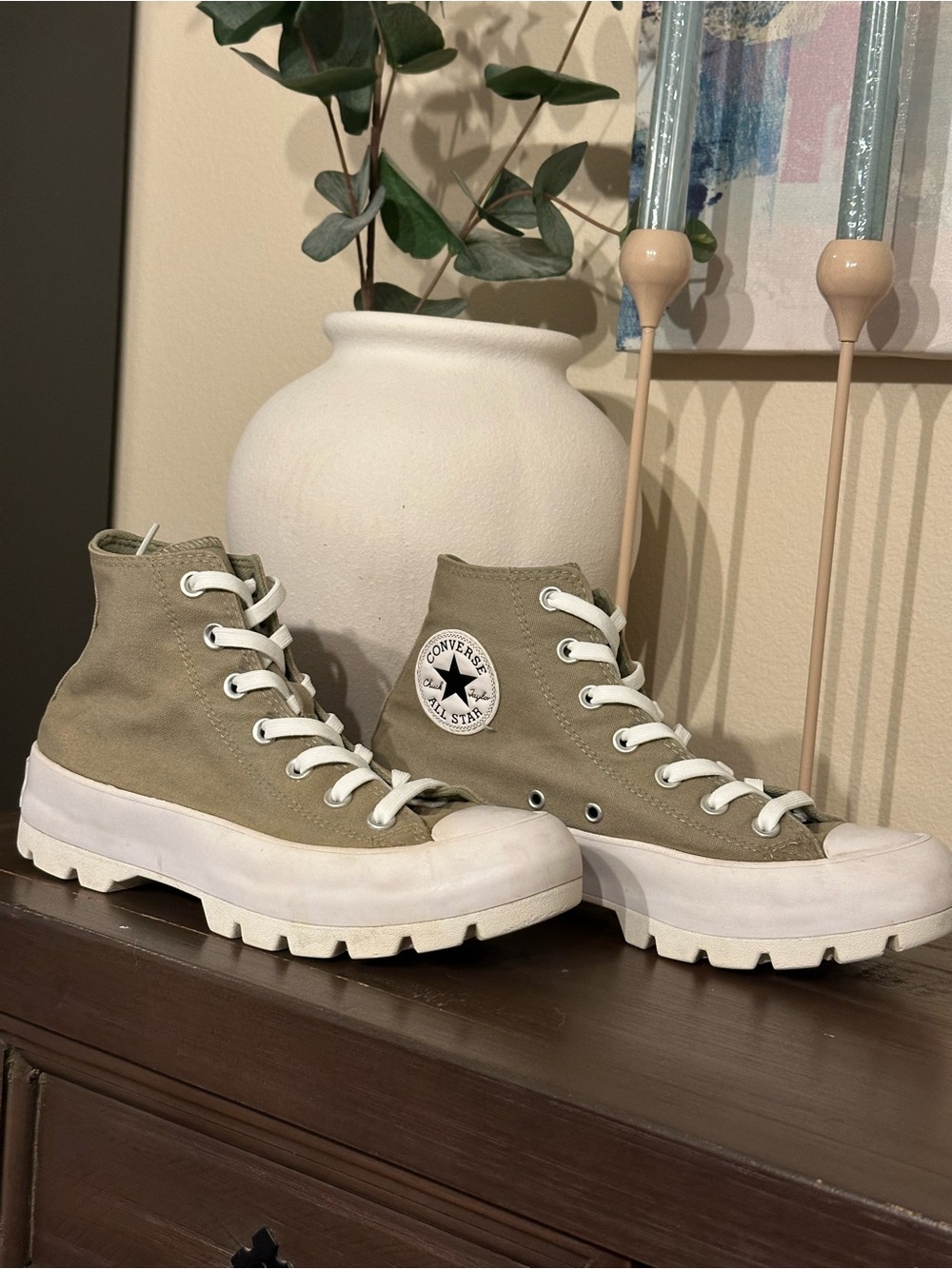 Converse High Top Sneakers in Olive Green and White